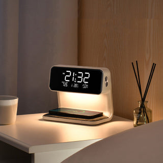 3-in-1 Bedlamp met Draadloze Oplader – LCD Alarmklok & Touch Dimbare LED Tafellamp