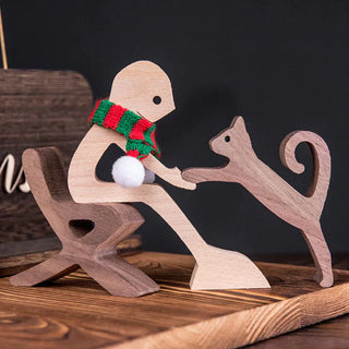 Dierenliefhebber - Tafeldecoratie met houten sculptuur Mand og kat med tørklæde