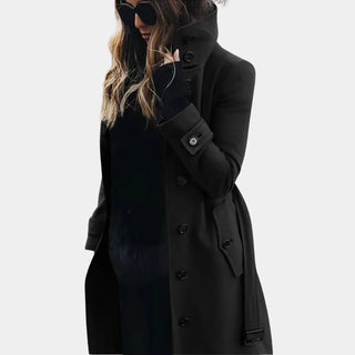 Dames Trenchcoat Tussenjas Wolmix Hoge Kraag Ceintuur Zwart