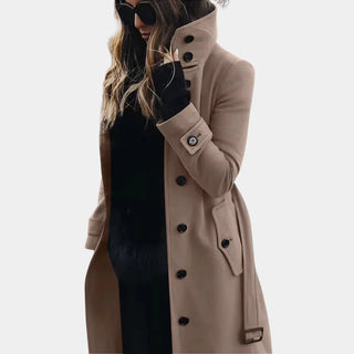 Dames Trenchcoat Tussenjas Wolmix Hoge Kraag Ceintuur Beige