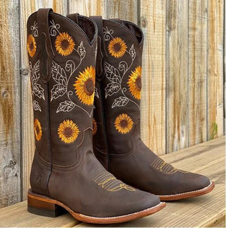 Elisabeth | Dames cowboylaarzen met zonnebloemborduurwerk Donkerbruin