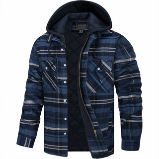Giovanni | Heren Geruit Overhemdjack met Capuchon Marineblauw