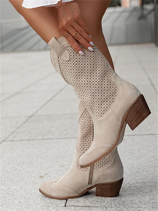 Kniehoge cowboylaarzen voor dames – middelhoge hak & geborduurde naden khaki