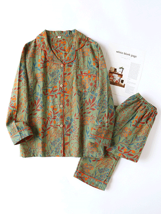 Luna Elegante Bloemenprint Pyjama Set voor Dames Nachtkleding Groen