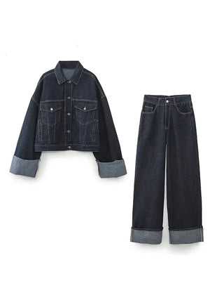 Avenari | Dames Denim Set – Trucker Jacket & High Waist Wide Leg Jeans – Relaxed Fit