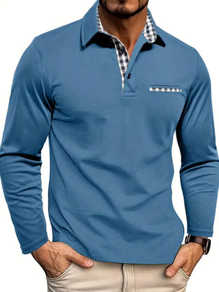 Stefan | Heren Polo met Lange Mouwen Katoenen Casual Kraagshirt Blauw