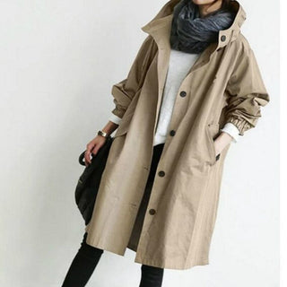 Drune | Dames Lange Trenchcoat met Capuchon Khaki