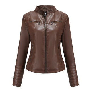 Dames Leren Jas Symmetrische Ritssluiting Kraag Met Drukknopen Koffie
