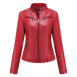 Dames Leren Jas Symmetrische Ritssluiting Kraag Met Drukknopen Rood